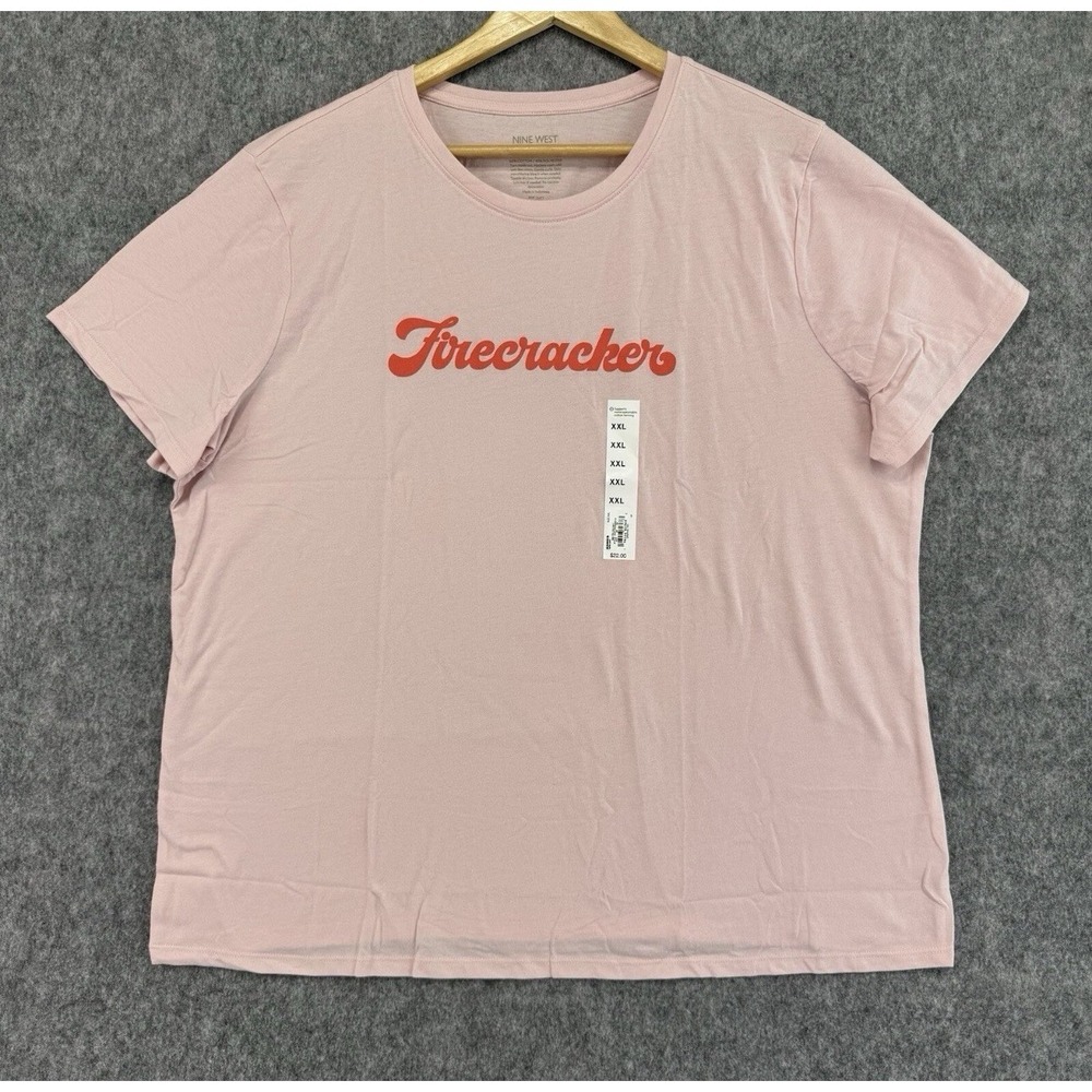 Nine West T-Shirt Women's 2XL Pink Firecracker Graphic Short Sleeve Crew Neck